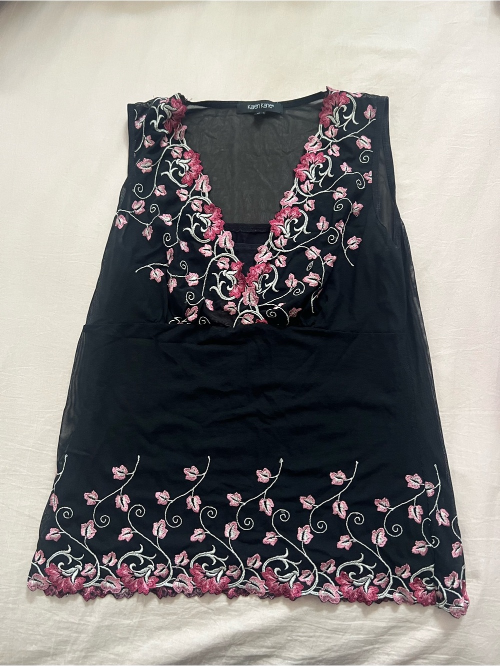 Karen Kane Black and Pink Fairy Top with Floral Embroidery